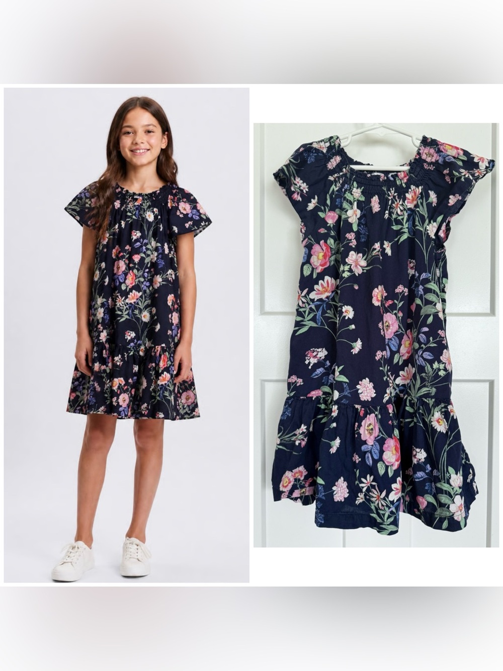 Gap Kids Girls S 6-7 Navy Floral Drop Waist Dress Smocked Flutter Sleeve